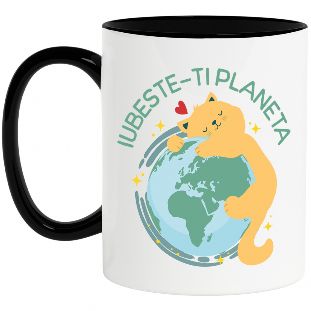 Cana Personalizata "Pisica Galbenă Îmbrățișând Planeta Pământ - Iubește-ți Planeta, Cadou Ecologic pentru Familie și Copii" [1]