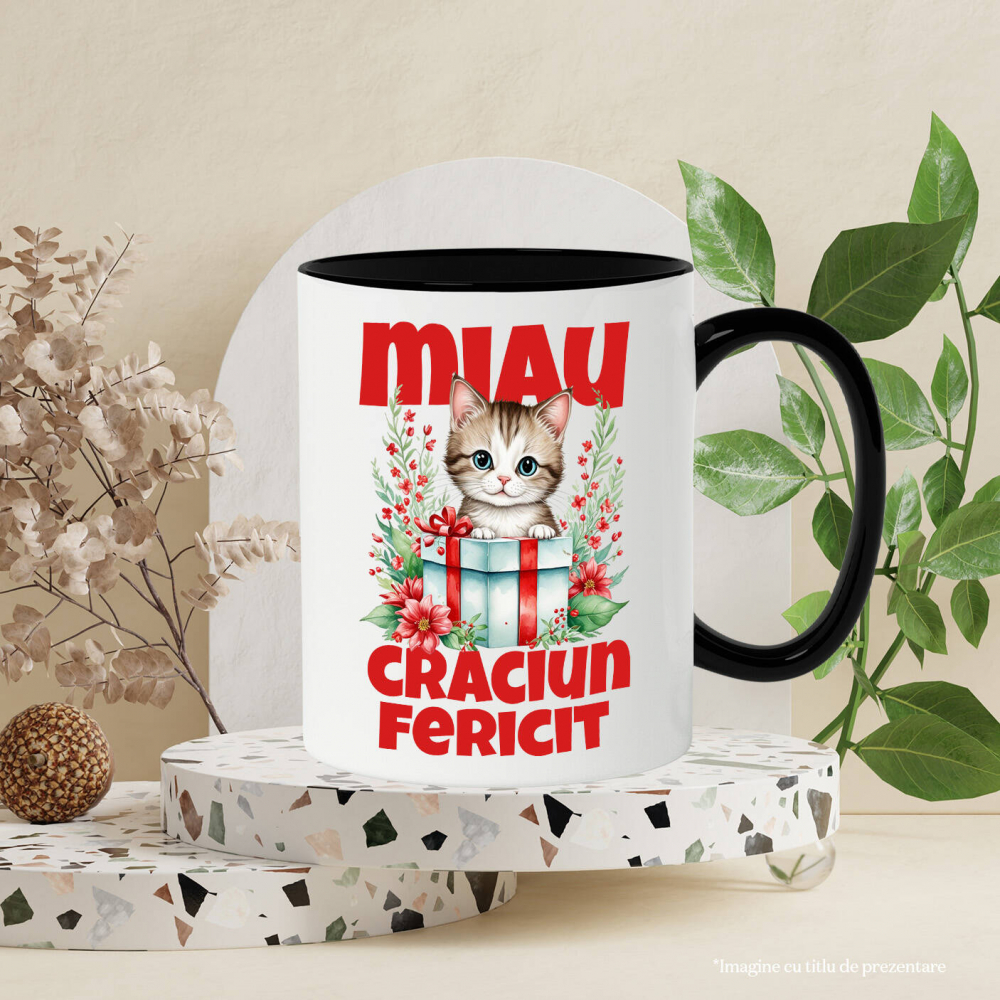 Cana Personalizata Pisica în Cutie de Cadou – Miau Crăciun Fericit și Flori Colorate pentru Iubitorii de Pisici [3]