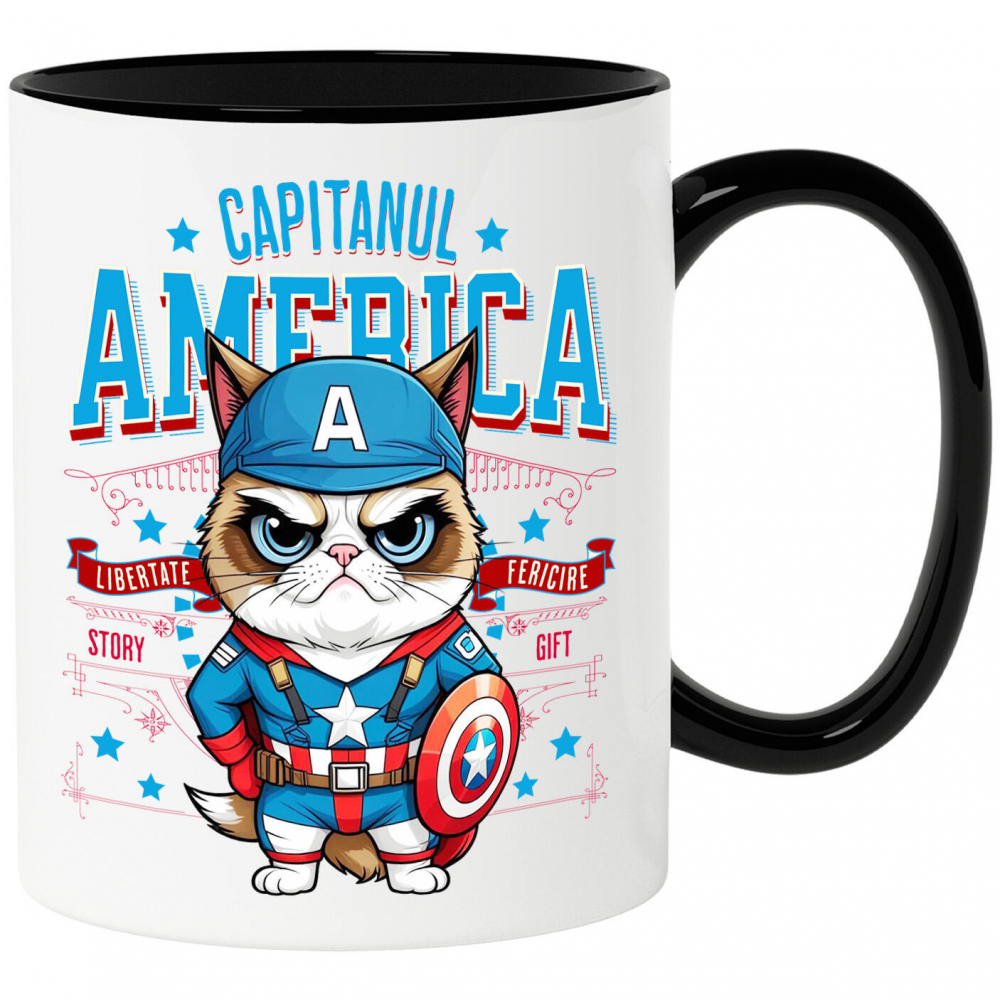 Cana Personalizata Pisica Morocănoasă / Grumpy Cat în Costum de Captain America cu Pelerină - Cadou Personalizat pentru Copii și Iubitorii de Pisici [1]