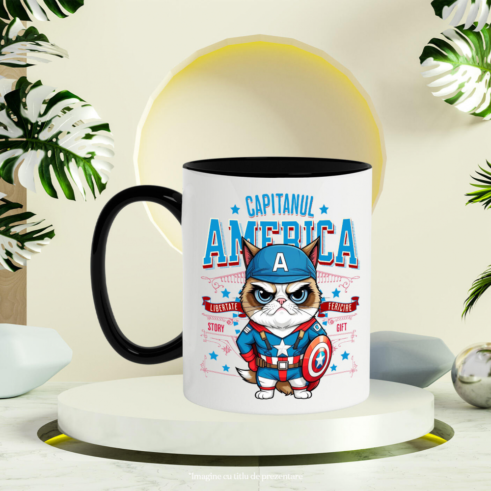 Cana Personalizata Pisica Morocănoasă / Grumpy Cat în Costum de Captain America cu Pelerină - Cadou Personalizat pentru Copii și Iubitorii de Pisici [3]