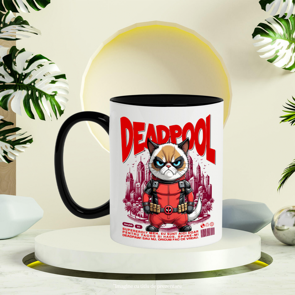 Cana Personalizata Pisica Morocănoasă în Costum Deadpool – Supererou Amuzant pentru Iubitorii de Pisici [3]