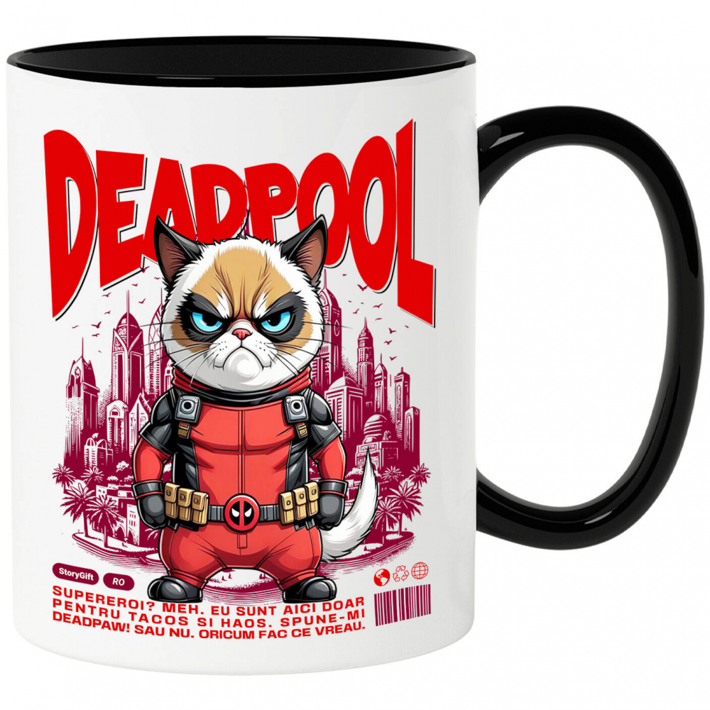 Cana Personalizata Pisica Morocănoasă în Costum Deadpool – Supererou Amuzant pentru Iubitorii de Pisici [1]