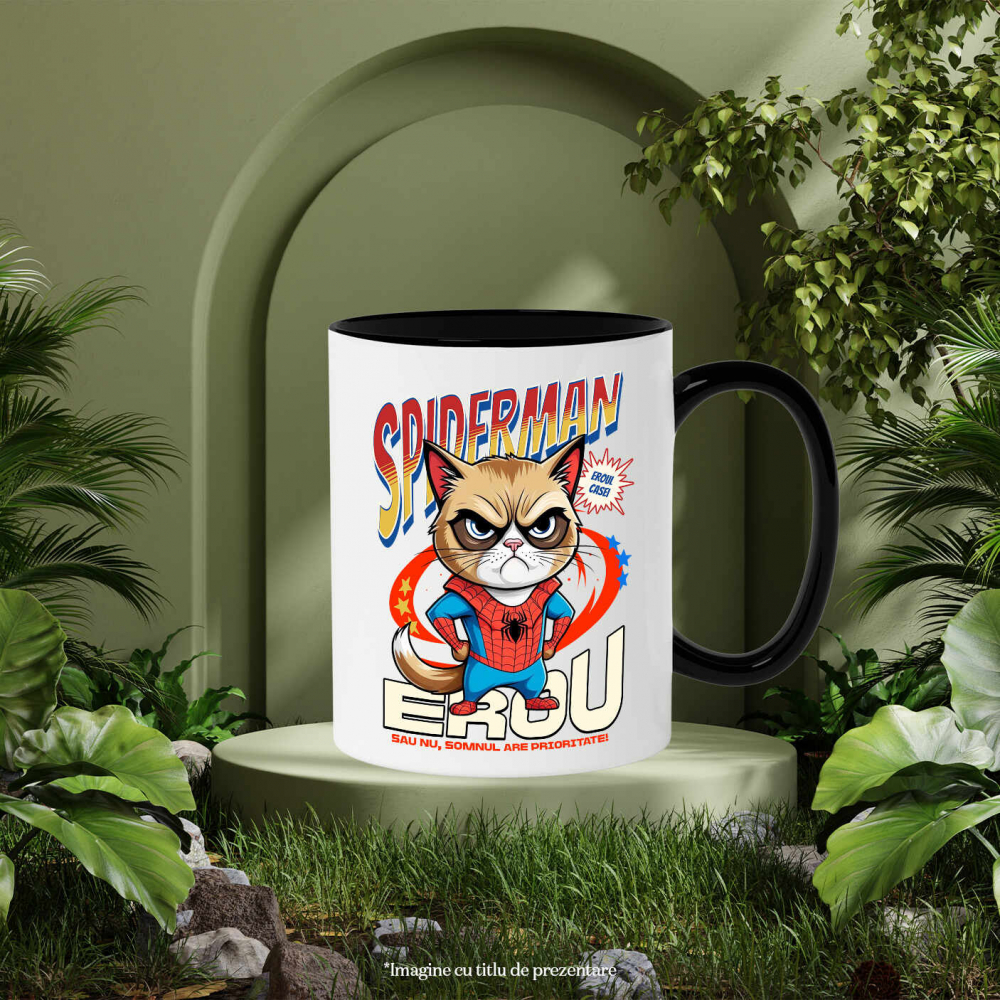 Cana Personalizata Grumpy Cat în Costum Spider-Man cu Pelerină - Cadou Personalizat pentru Iubitorii de Pisici și Copii [3]