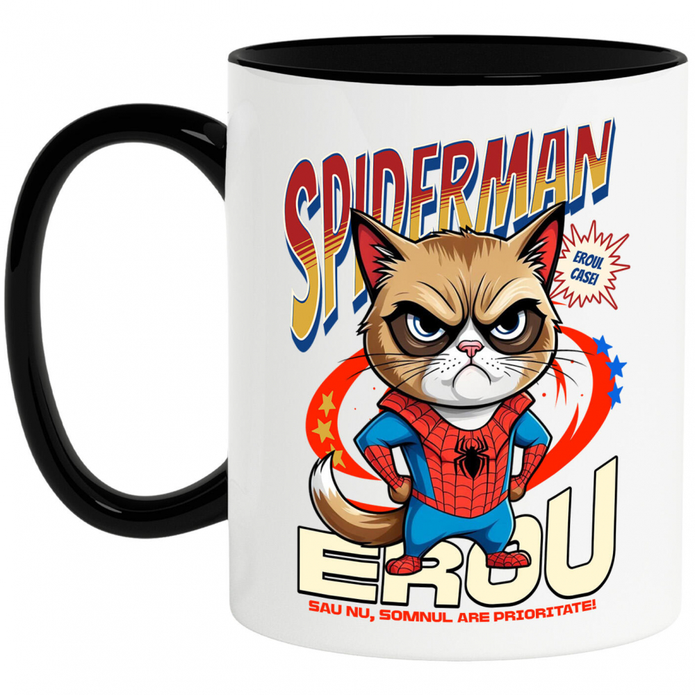 Cana Personalizata Grumpy Cat în Costum Spider-Man cu Pelerină - Cadou Personalizat pentru Iubitorii de Pisici și Copii [1]