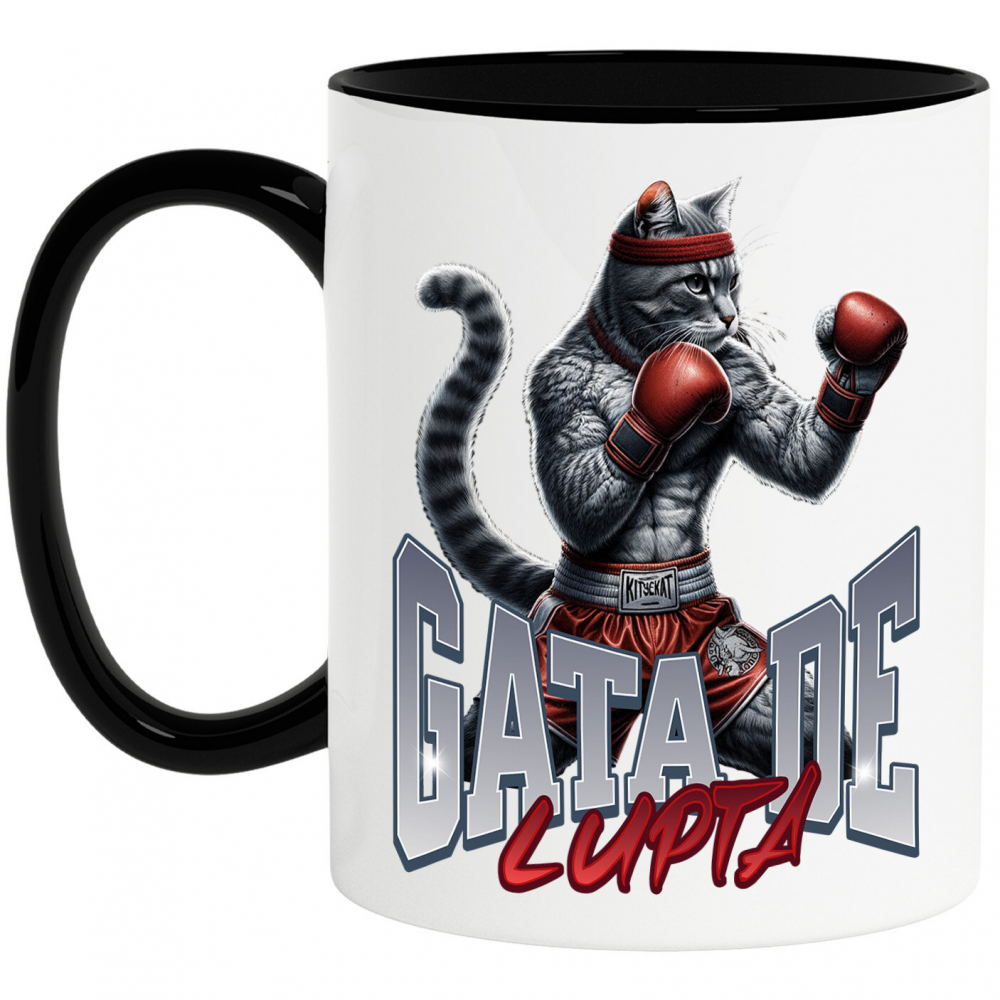 Cana Personalizata Pisica Motan Gri cu Mănuși și Echipament Roșu – Box și Sport de Contact Motivational [1]