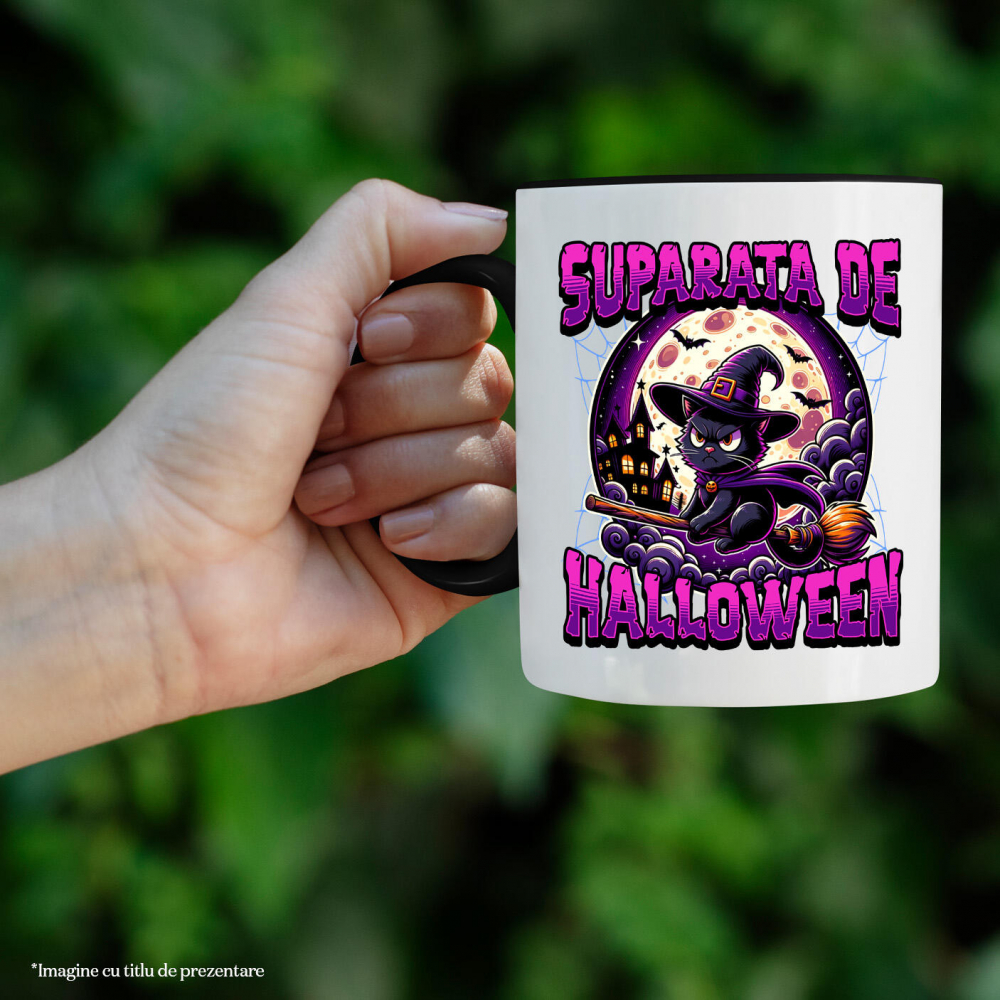 Cana Personalizata Pisica pe Mătura cu Pălărie de Vrăjitoare pentru Halloween | Pisică Supărată de Halloween [2]