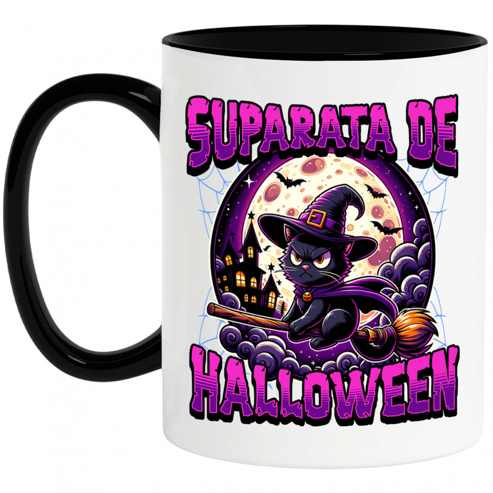 Cana Personalizata Pisica pe Mătura cu Pălărie de Vrăjitoare pentru Halloween | Pisică Supărată de Halloween [1]