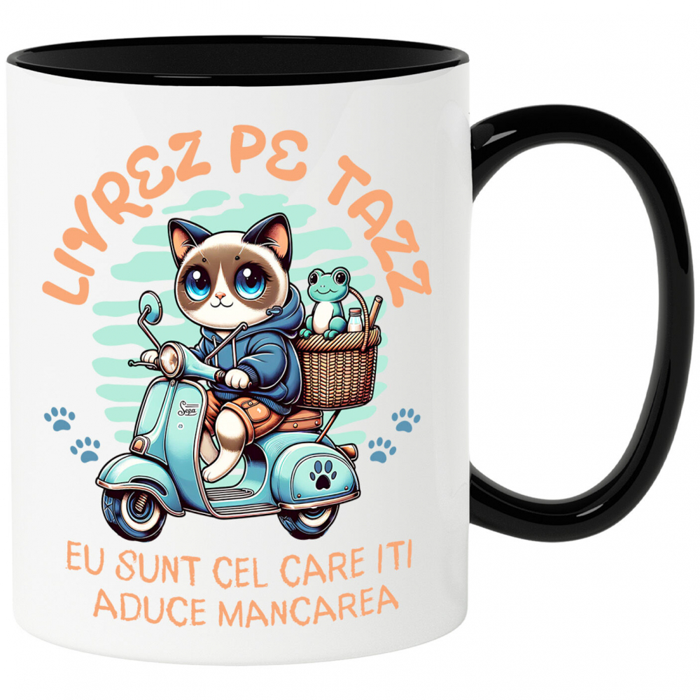 Cana Personalizata "Pisica Albastră cu Cos de Picnic și Broască Țestoasă - Livrare Mâncare Tazz, Cadou Amuzant pentru Copii și Familie" [1]