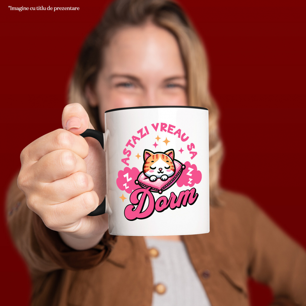 Cana Personalizata Pisica Portocalie Pe Pernă Roz – Cadou Personalizat „Astăzi Vreau Să Dorm” pentru Iubitorii De Pisici și Somn [2]