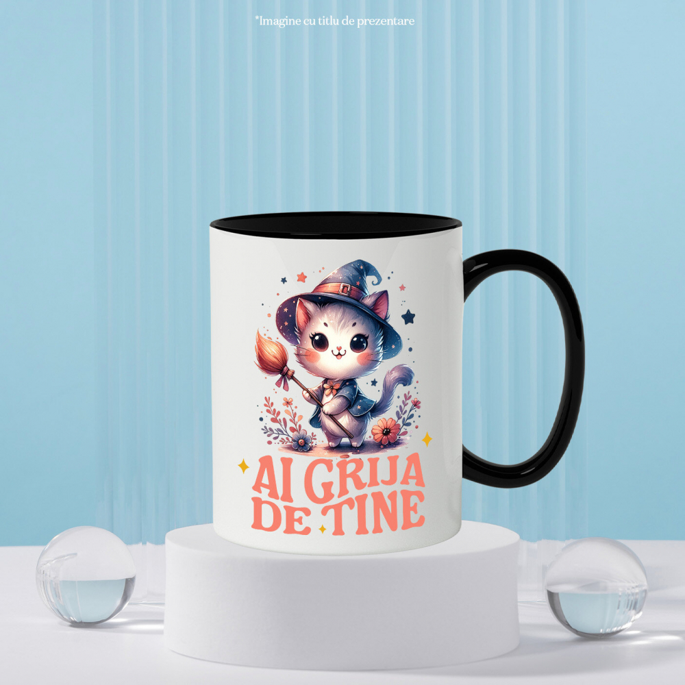 Cana Personalizata Pisica Pufoasă cu Mătura de Vrăjitoare | Cadou Halloween Adorabil [3]