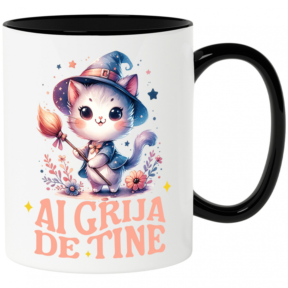 Cana Personalizata Pisica Pufoasă cu Mătura de Vrăjitoare | Cadou Halloween Adorabil [1]