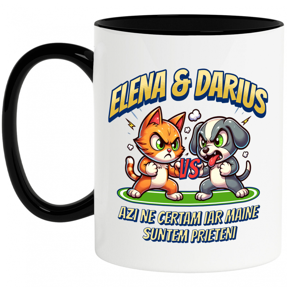 Cana Personalizata "Pisica și Câine Luptă Box - Cadou Haios pentru Elena & Darius, Certuri și Prietenie" [1]