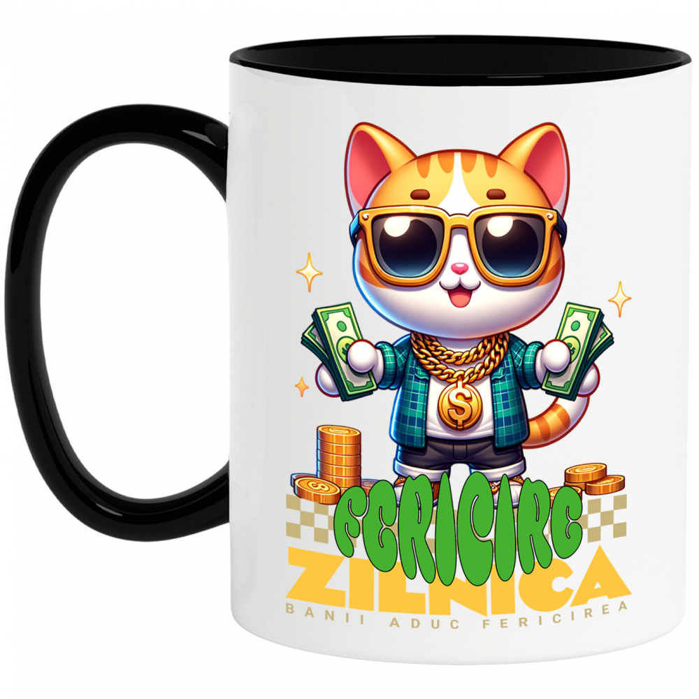 Cana Personalizata Pisica Gangster cu Bancnote și Aur – „Banii Aduc Fericirea Zilnică” – Cadou Personalizat pentru Familie, Tati, Copii, Prieteni [1]