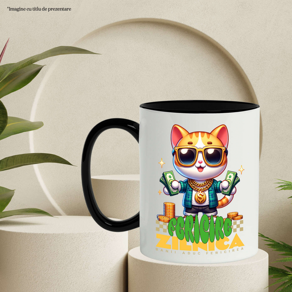 Cana Personalizata Pisica Gangster cu Bancnote și Aur – „Banii Aduc Fericirea Zilnică” – Cadou Personalizat pentru Familie, Tati, Copii, Prieteni [3]