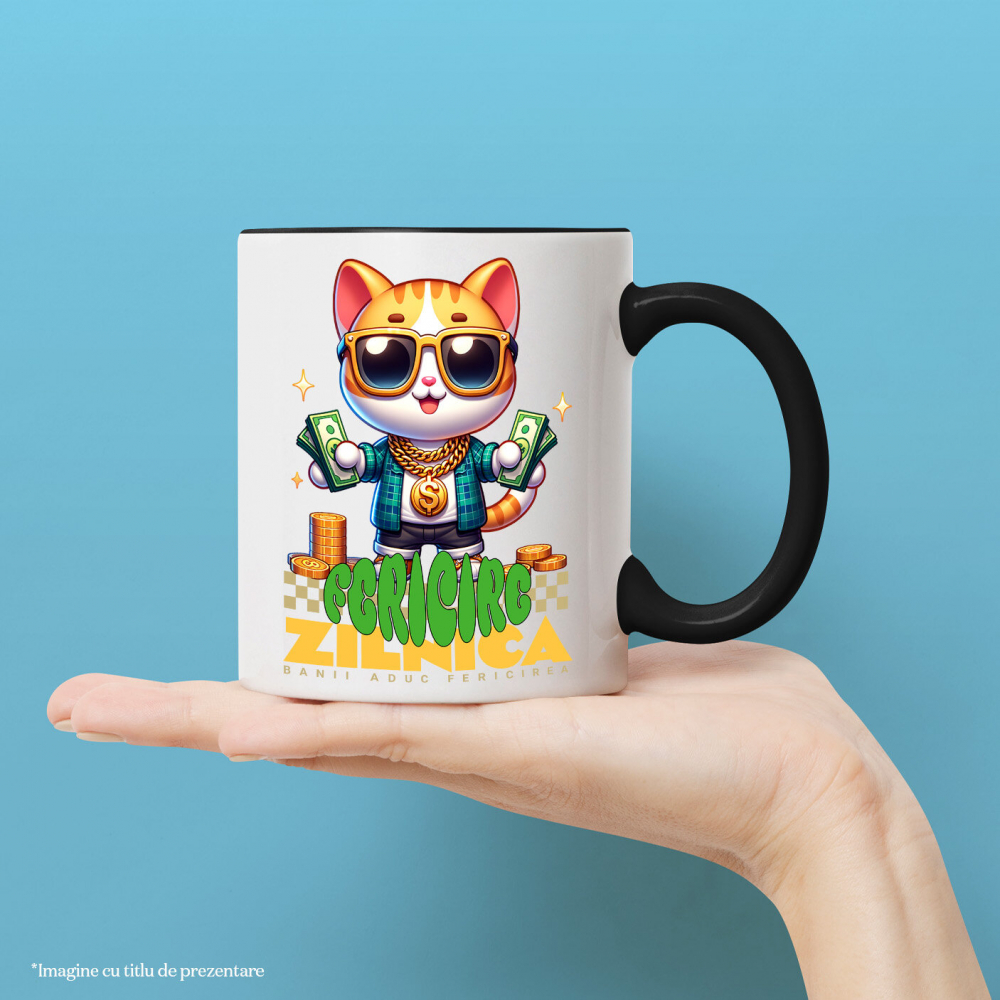 Cana Personalizata Pisica Gangster cu Bancnote și Aur – „Banii Aduc Fericirea Zilnică” – Cadou Personalizat pentru Familie, Tati, Copii, Prieteni [2]