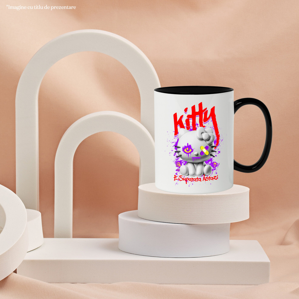 Cana Personalizata Pisica Stil Hello Kitty Albă Cu Plasturi La Ochi – Cadou Personalizat „Kitty Supărată Astăzi” pentru Iubitorii De Pisici și Hello Kitty [3]