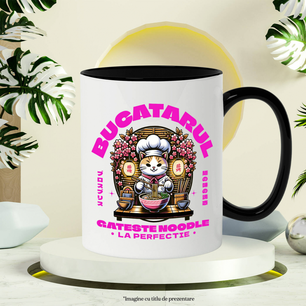 Cana Personalizata Pisică bucătar personalizată cu pălărie și flori roz – „Bucătarul gătește noodles la perfecție” – Cadou amuzant [3]