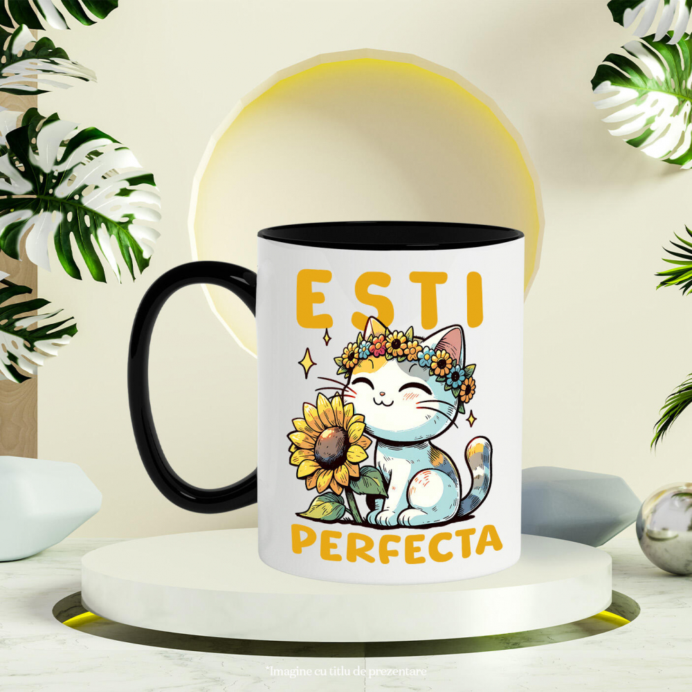 Cana Personalizata "Pisică Veselă cu Coroană de Floare Soarelui - Mesaj 'Ești Perfectă'" [3]