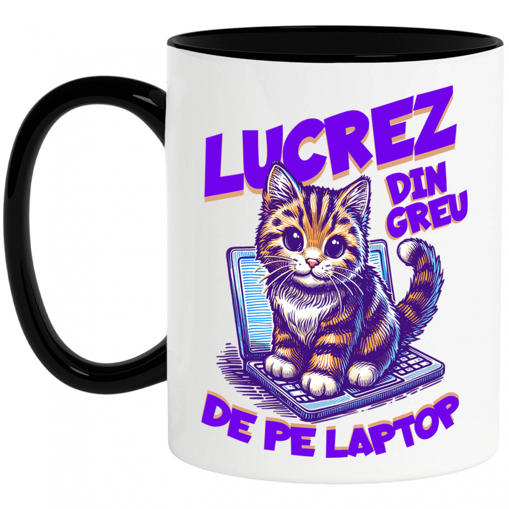 Cana Personalizata Pisică Veselă pe Laptop – Work From Home cu Animale Blănoase [1]