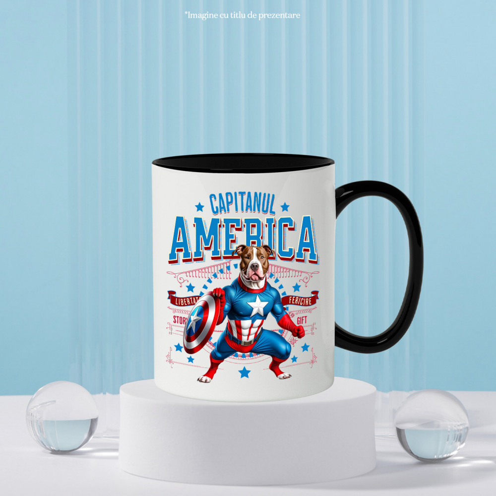 Cana Personalizata Pitbull în Costum Captain America cu Pelerină - Cadou Personalizat pentru Copii și Iubitorii de Câini [3]