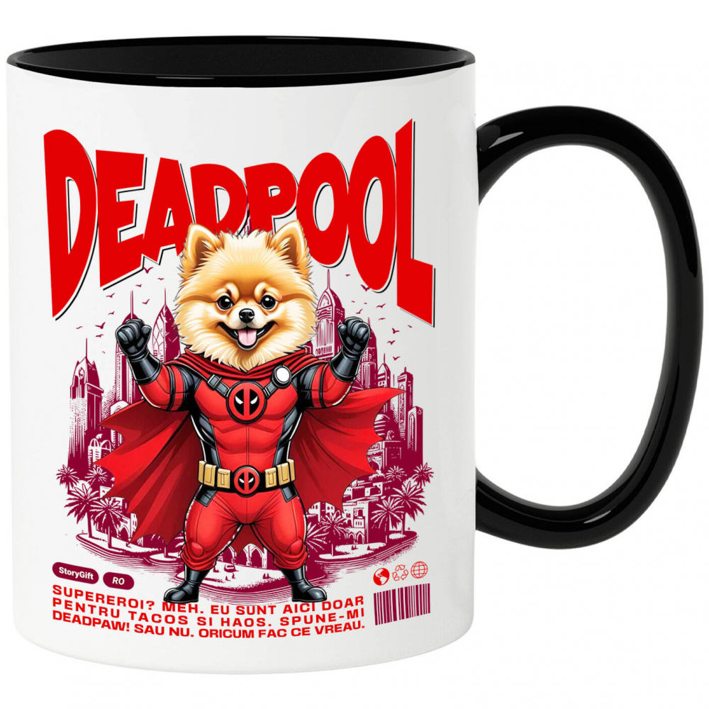 Cana Personalizata Pomeranian în Costum Deadpool – Câine Supererou Amuzant și Personalizat [1]
