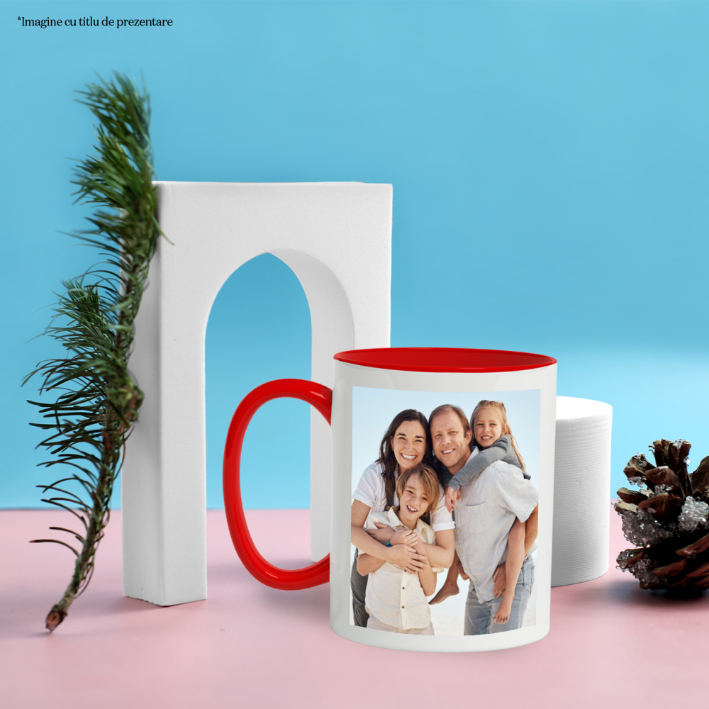 Cana personalizata cu poza / fotografie, 330ml, Ceramic cu Maner Rosu [3]