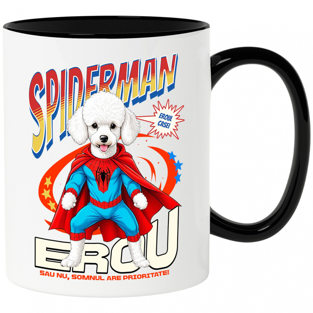 Cana Personalizata Pudel în Costum Spider-Man cu Pelerină - Cadou Personalizat pentru Copii și Iubitorii de Câini [1]