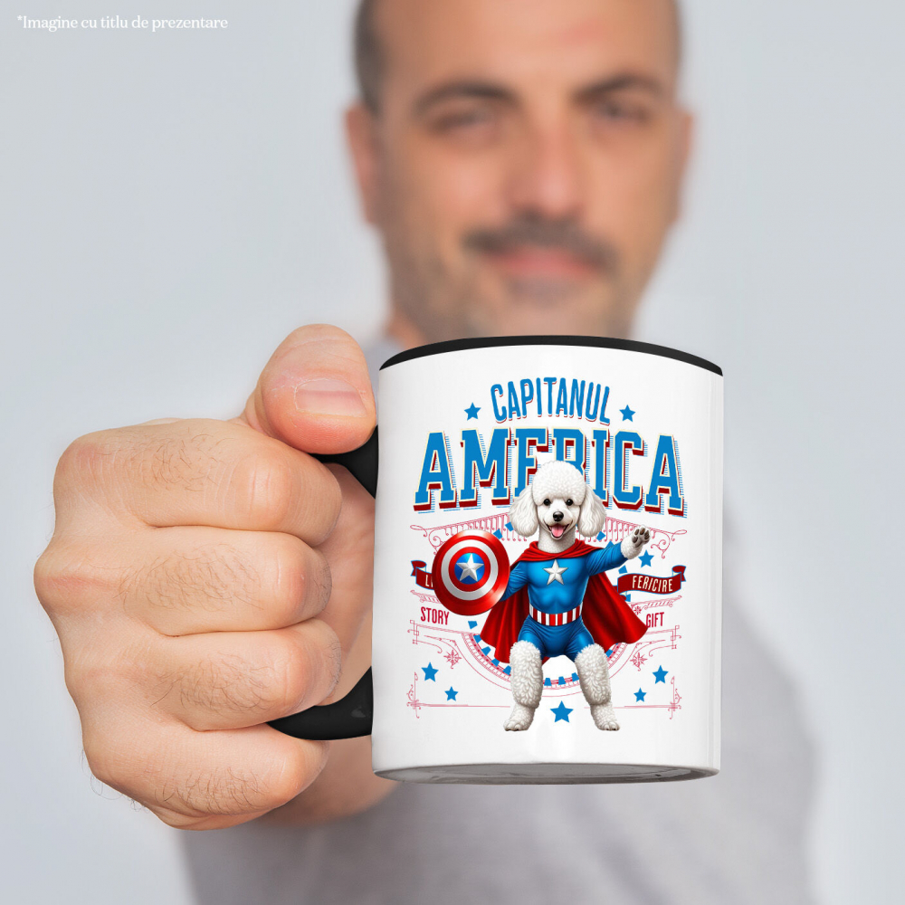 Cana Personalizata Pisica Pudel în Costum de Captain America cu Pelerină - Cadou Personalizat pentru Copii și Iubitorii de Pisici [2]