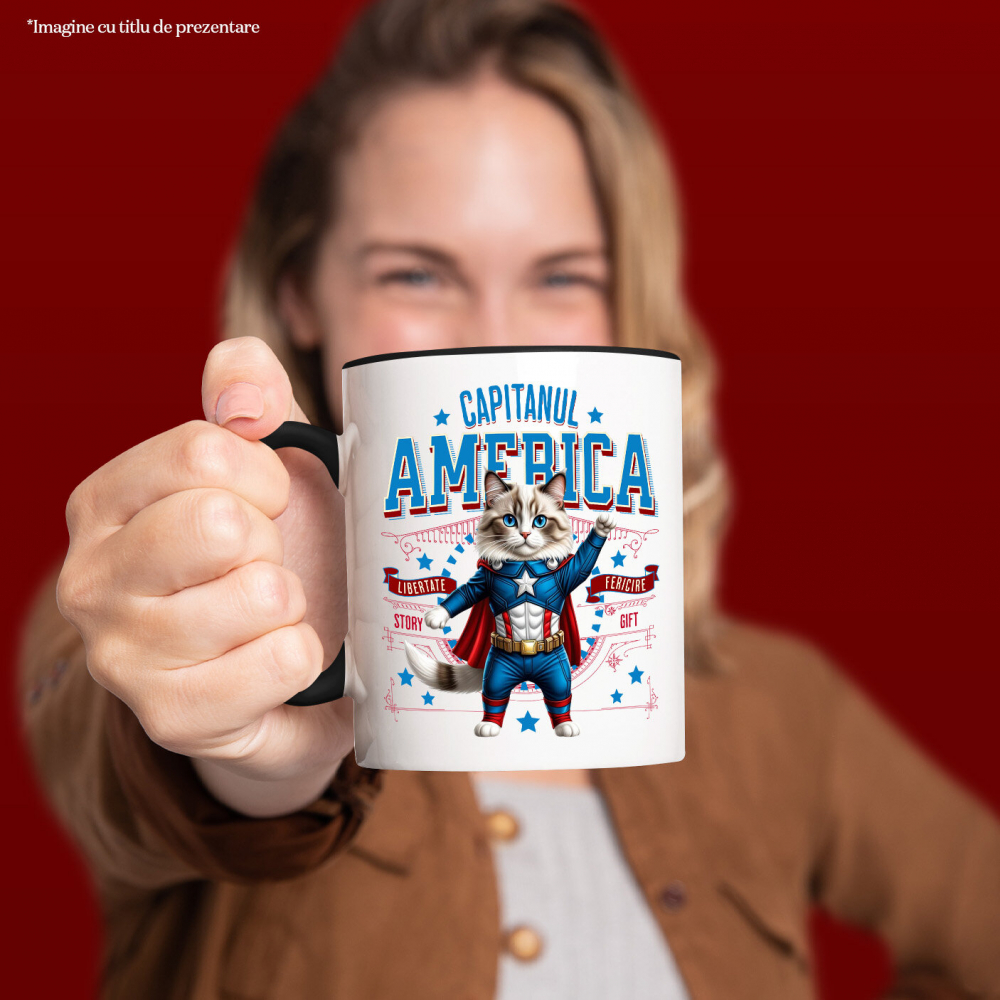 Cana Personalizata Pisica Ragdoll în Costum de Captain America cu Pelerină - Cadou Personalizat pentru Copii și Iubitorii de Pisici [2]