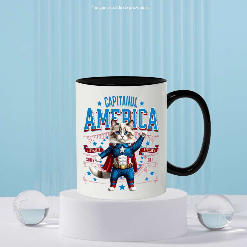 Cana Personalizata Pisica Ragdoll în Costum de Captain America cu Pelerină - Cadou Personalizat pentru Copii și Iubitorii de Pisici [3]