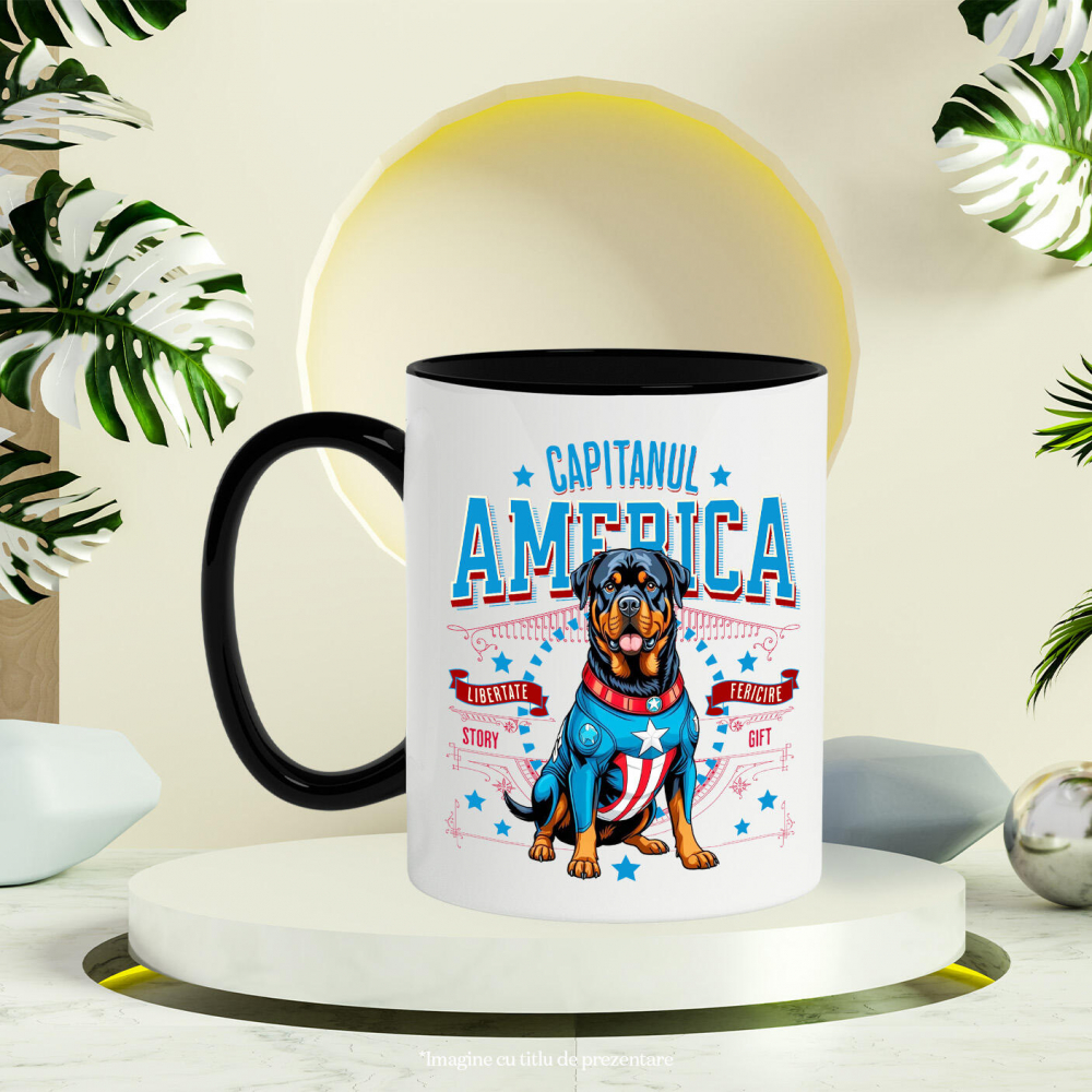 Cana Personalizata Rottweiler în Costum Captain America cu Pelerină - Cadou Personalizat pentru Copii și Iubitorii de Câini [3]