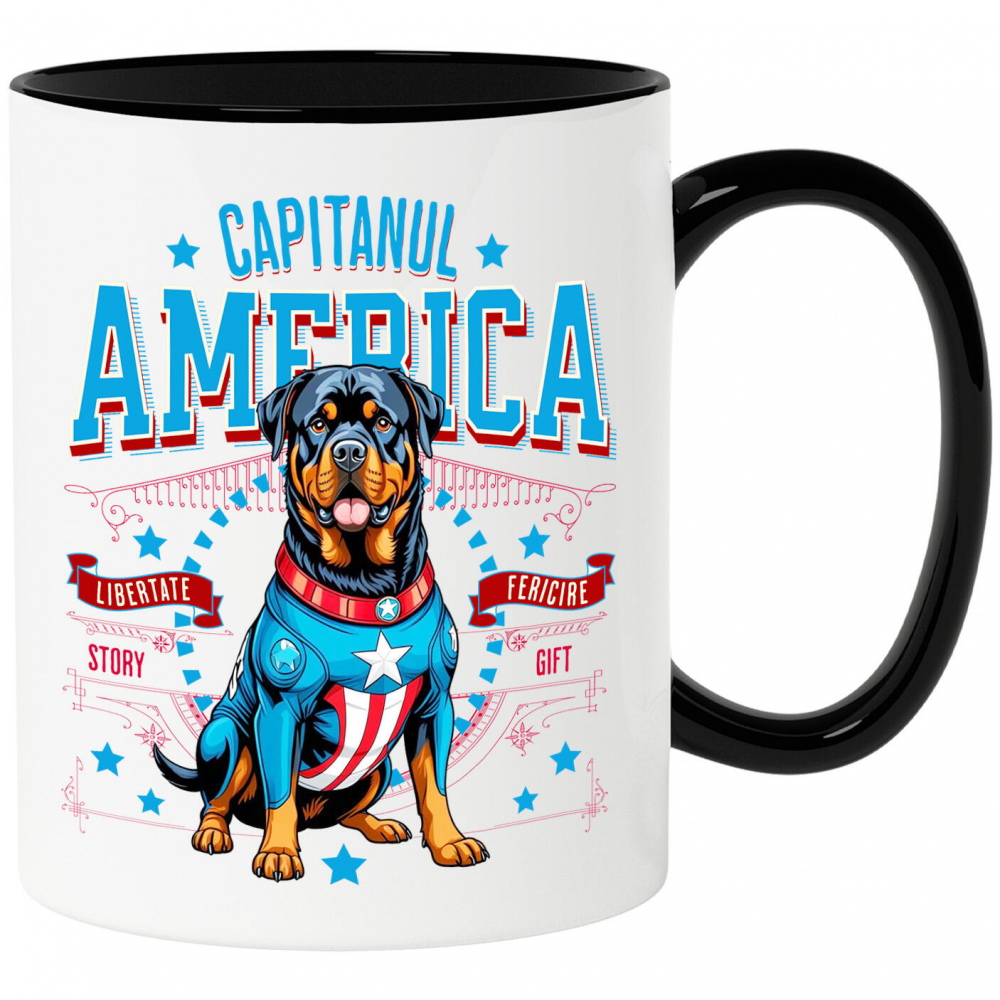 Cana Personalizata Rottweiler în Costum Captain America cu Pelerină - Cadou Personalizat pentru Copii și Iubitorii de Câini [1]