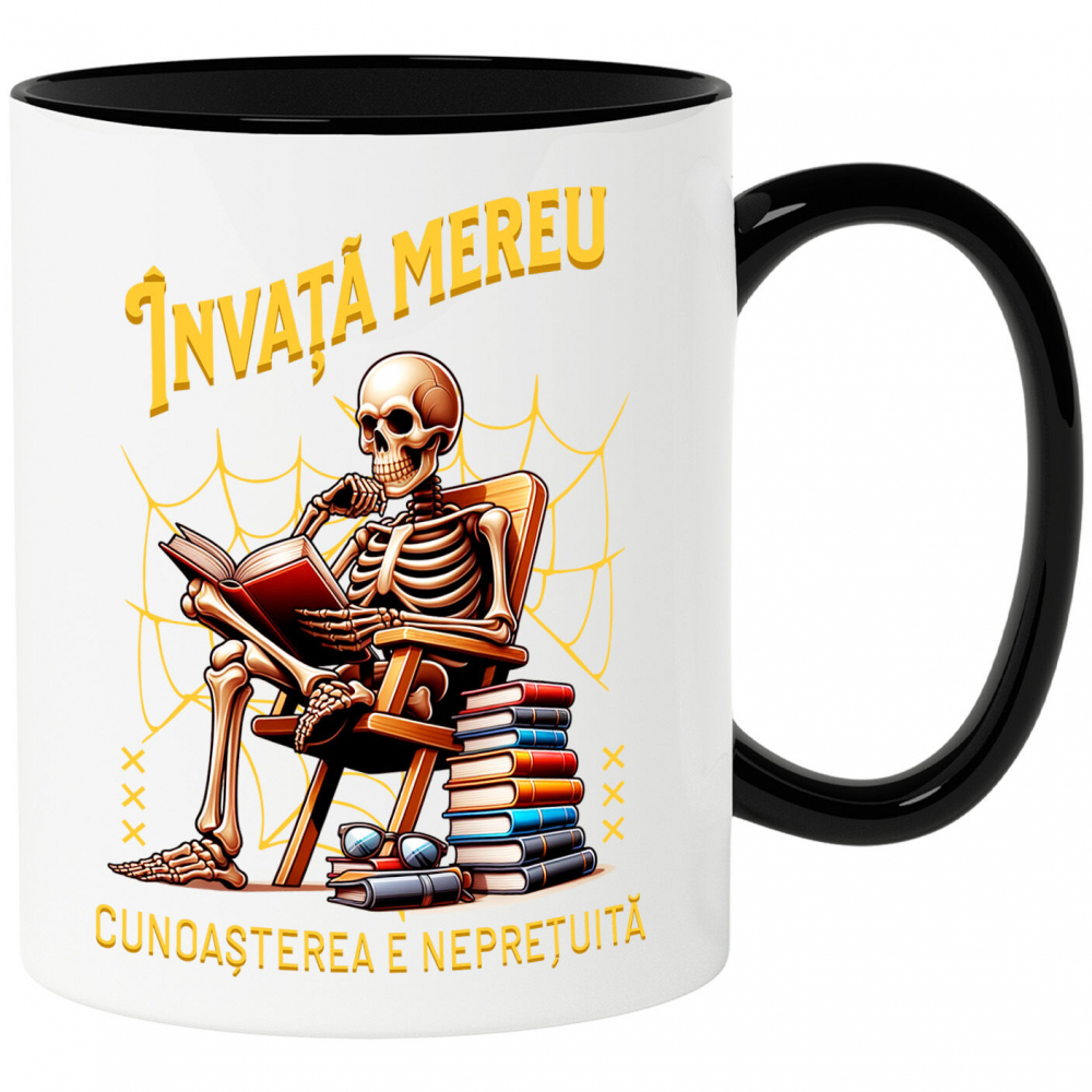 Cana Personalizata Schelet Citind Cartea „Invata Mereu” - Cadou Educațional și Motivațional [1]