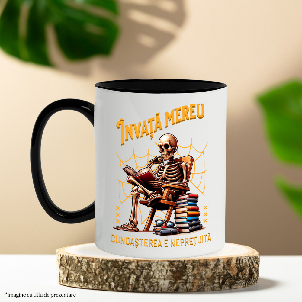 Cana Personalizata Schelet Citind Cartea „Invata Mereu” - Cadou Educațional și Motivațional [3]