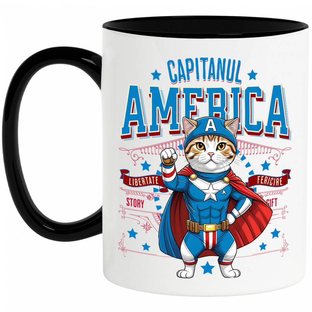 Cana Personalizata Pisica Scottish Fold în Costum de Captain America cu Pelerină - Cadou Personalizat pentru Copii și Iubitorii de Pisici [1]
