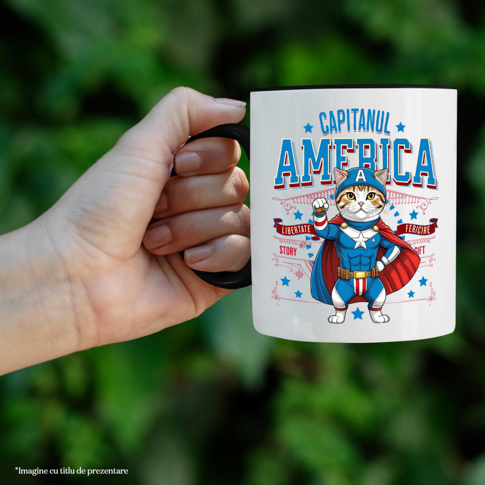 Cana Personalizata Pisica Scottish Fold în Costum de Captain America cu Pelerină - Cadou Personalizat pentru Copii și Iubitorii de Pisici [2]