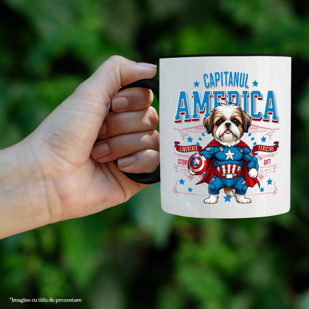 Cana Personalizata Shih Tzu în Costum de Captain America cu Pelerină - Cadou Personalizat pentru Copii și Iubitorii de Câini [2]