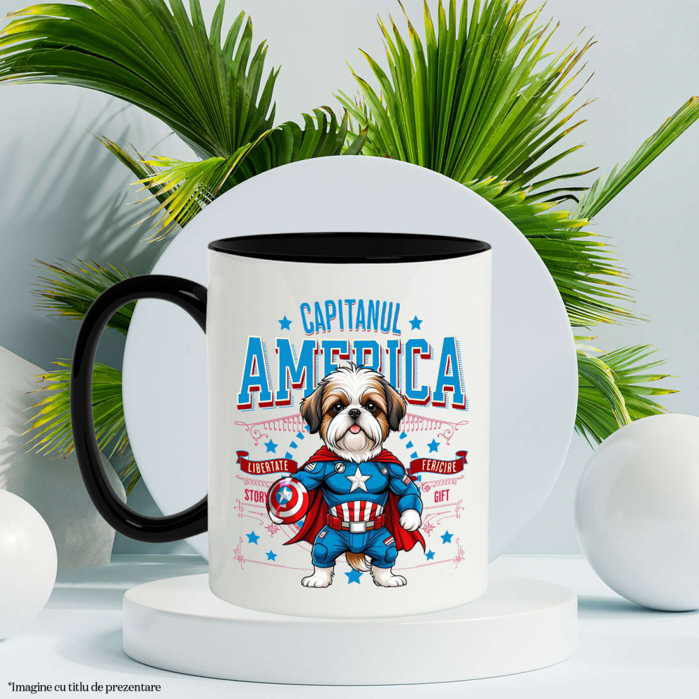 Cana Personalizata Shih Tzu în Costum de Captain America cu Pelerină - Cadou Personalizat pentru Copii și Iubitorii de Câini [3]