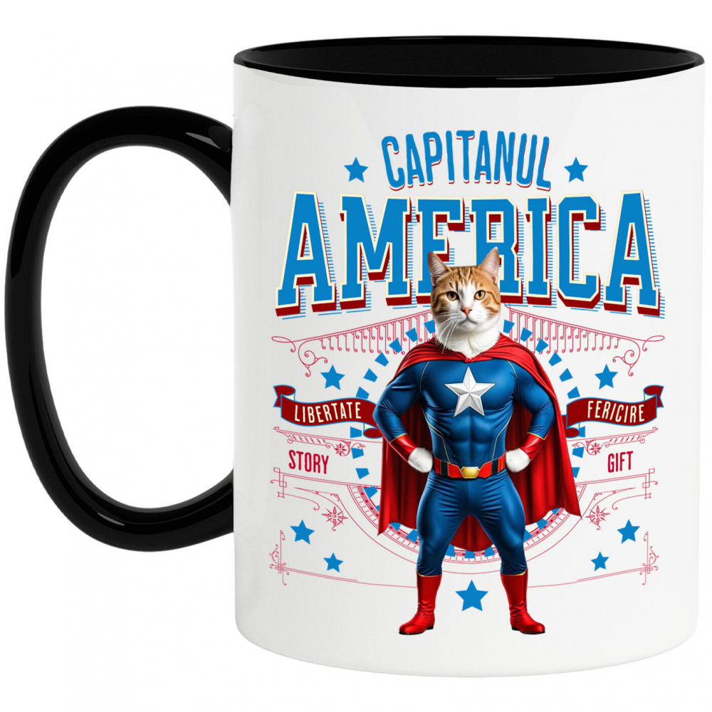 Cana Personalizata Pisica Siameză în Costum de Captain America cu Pelerină - Cadou Personalizat pentru Copii și Iubitorii de Pisici [1]