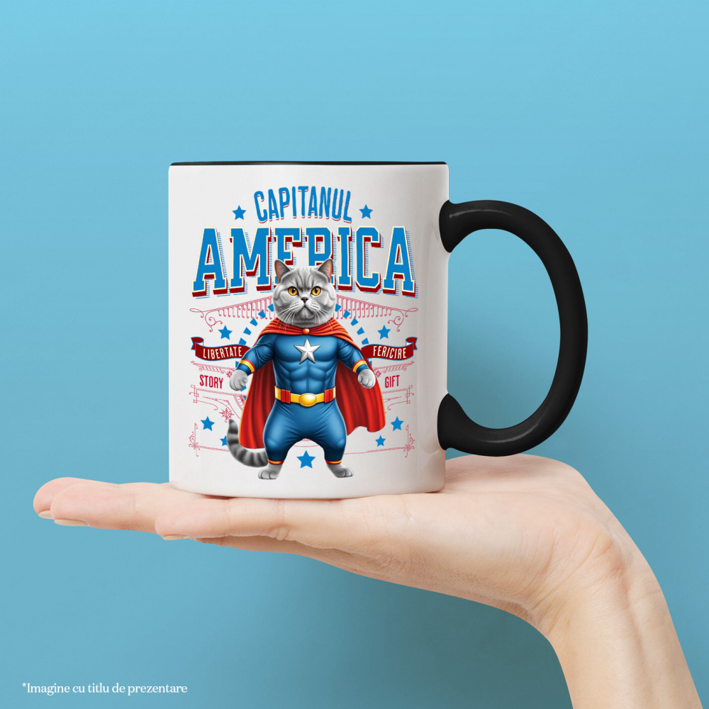 Cana Personalizata Pisica Siameză în Costum de Captain America cu Pelerină - Cadou Personalizat pentru Copii și Iubitorii de Pisici [2]