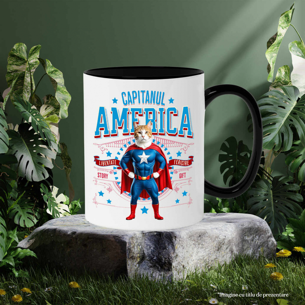 Cana Personalizata Pisica Siameză în Costum de Captain America cu Pelerină - Cadou Personalizat pentru Copii și Iubitorii de Pisici [3]