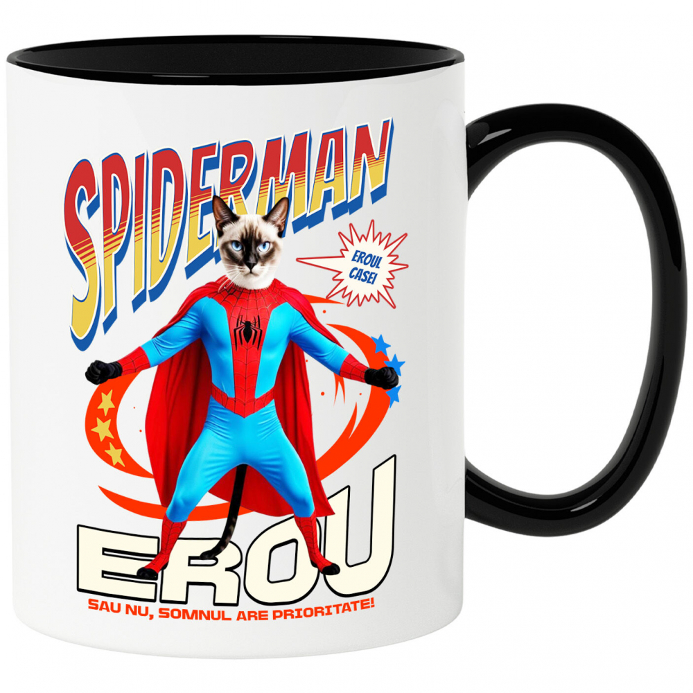 Cana Personalizata Pisică Siameză în Costum Spider-Man - Cadou Personalizat pentru Iubitorii de Pisici și Copii [1]