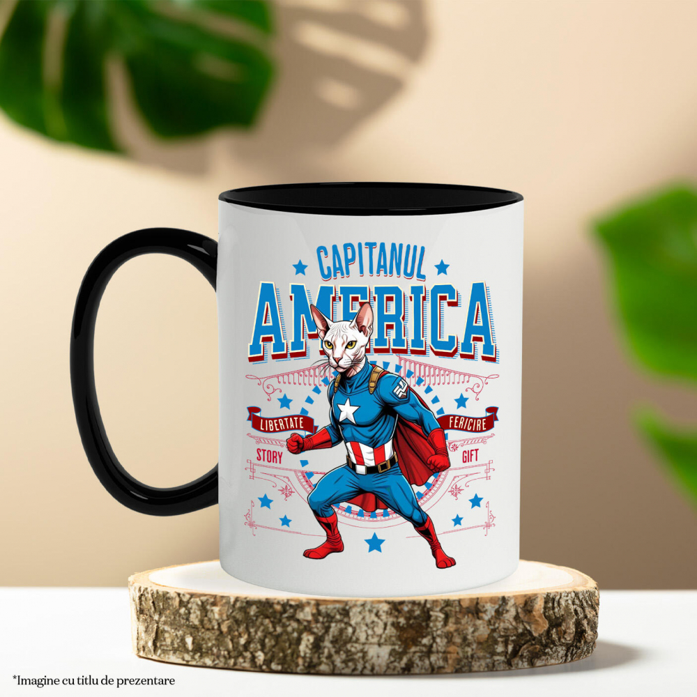 Cana Personalizata Pisica Sphynx în Costum de Captain America cu Pelerină - Cadou Personalizat pentru Copii și Iubitorii de Pisici [3]