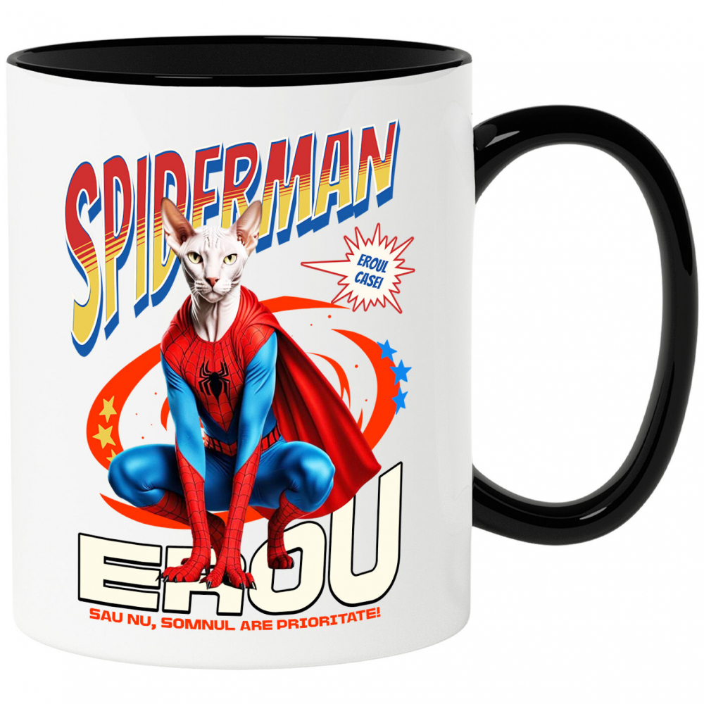 Cana Personalizata Pisică Sphynx în Costum Spider-Man cu Pelerină - Cadou Personalizat pentru Iubitorii de Pisici și Copii [1]