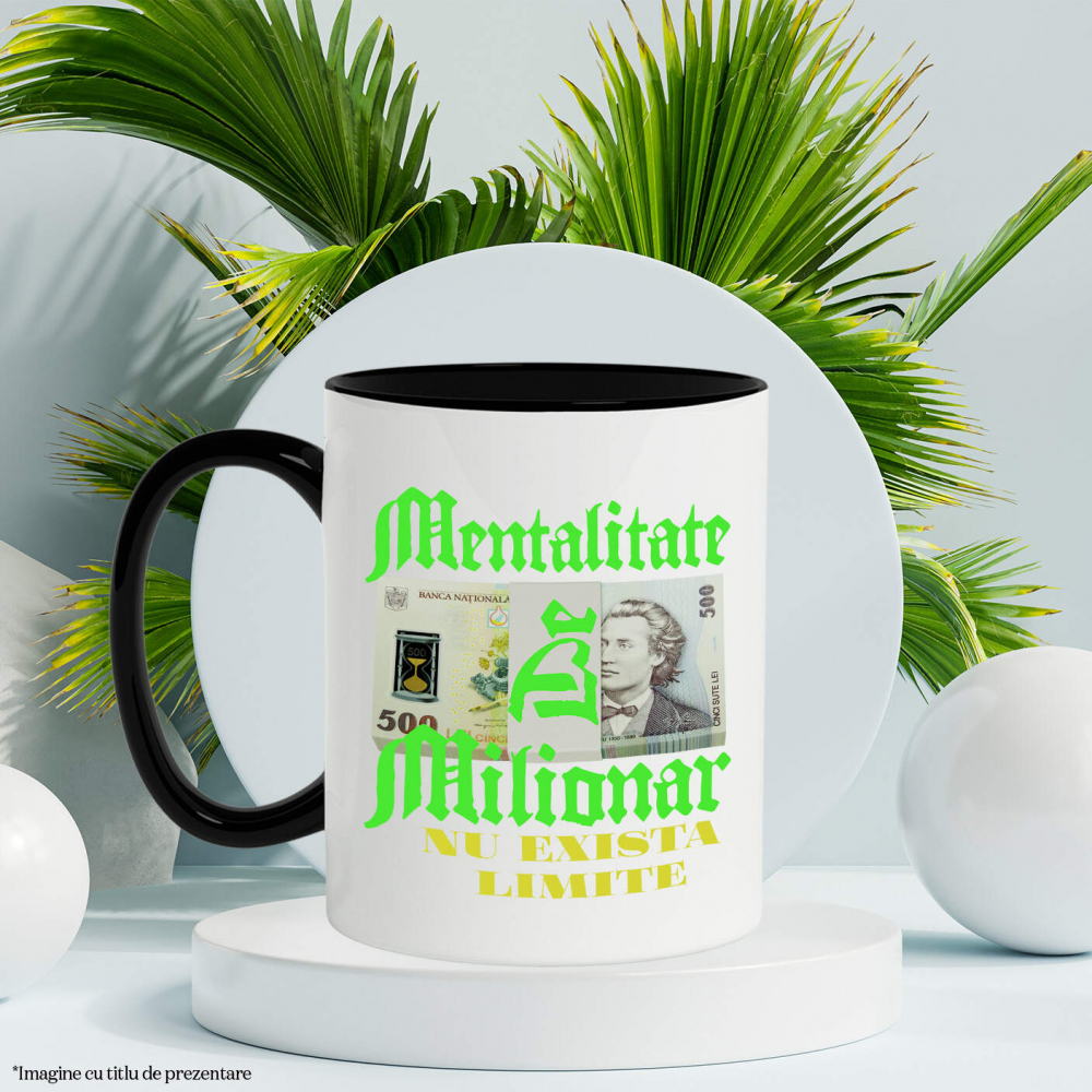 Cana Personalizata Teanc cu Elastic Bancnote 500 Lei – „Mentalitate de Milionar, Nu Există Limite” – Cadou Personalizat pentru Familie, Tati, Copii, Prieteni [3]