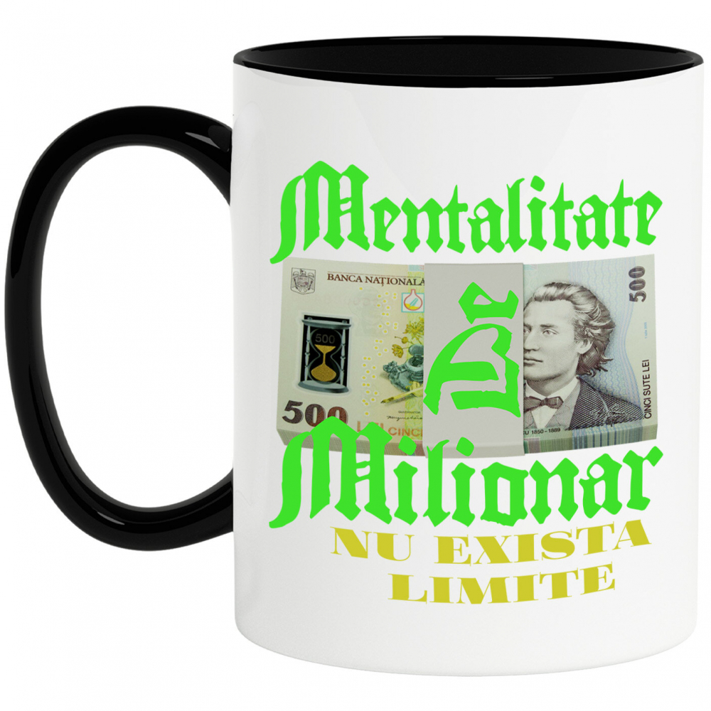 Cana Personalizata Teanc cu Elastic Bancnote 500 Lei – „Mentalitate de Milionar, Nu Există Limite” – Cadou Personalizat pentru Familie, Tati, Copii, Prieteni [1]