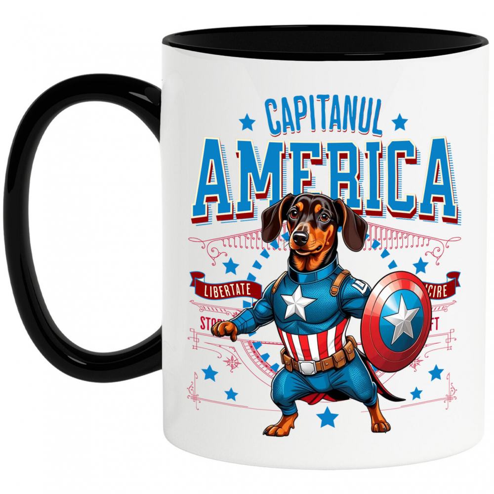 Cana Personalizata Teckel în Costum Captain America cu Pelerină - Cadou Personalizat pentru Copii și Iubitorii de Câini [1]