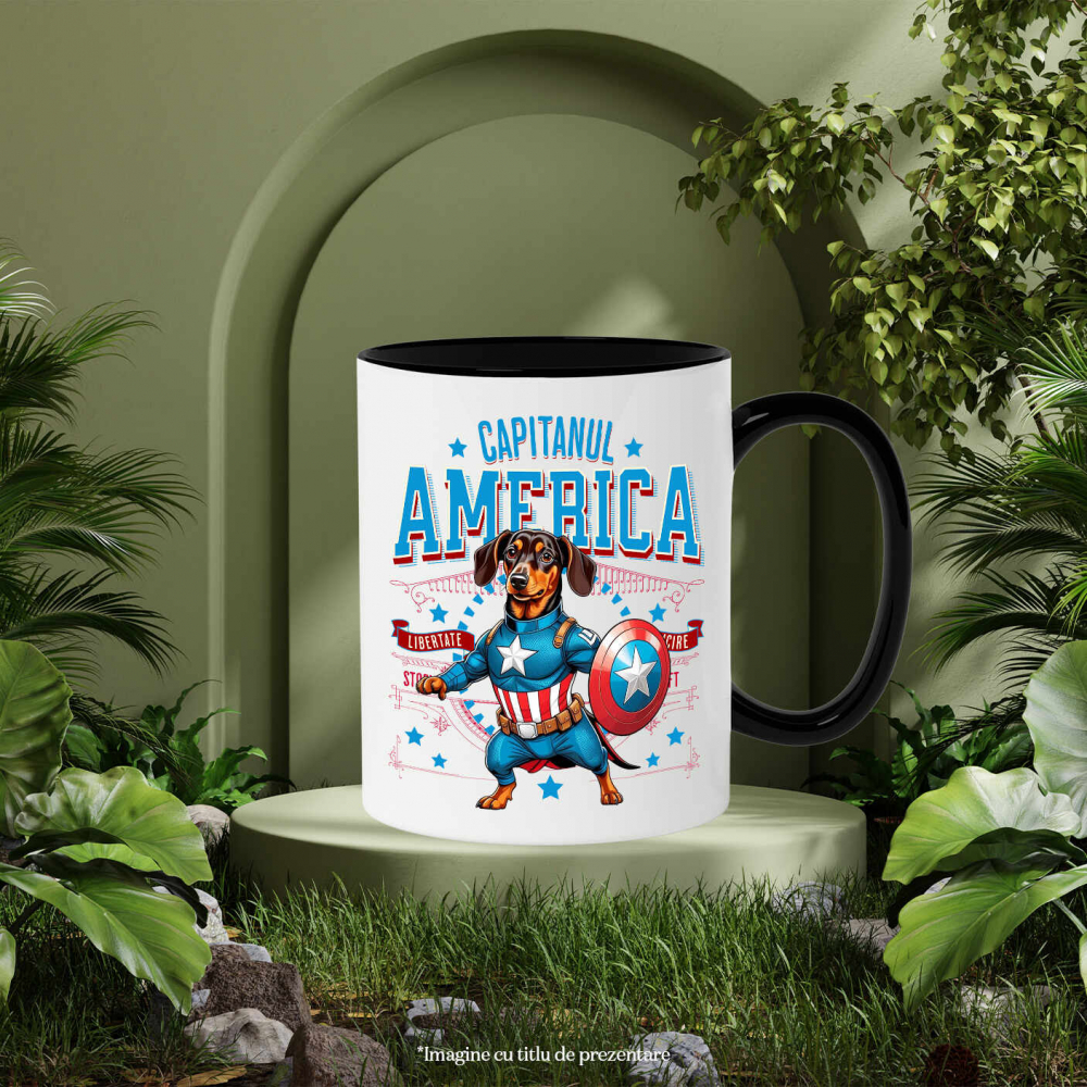 Cana Personalizata Teckel în Costum Captain America cu Pelerină - Cadou Personalizat pentru Copii și Iubitorii de Câini [3]