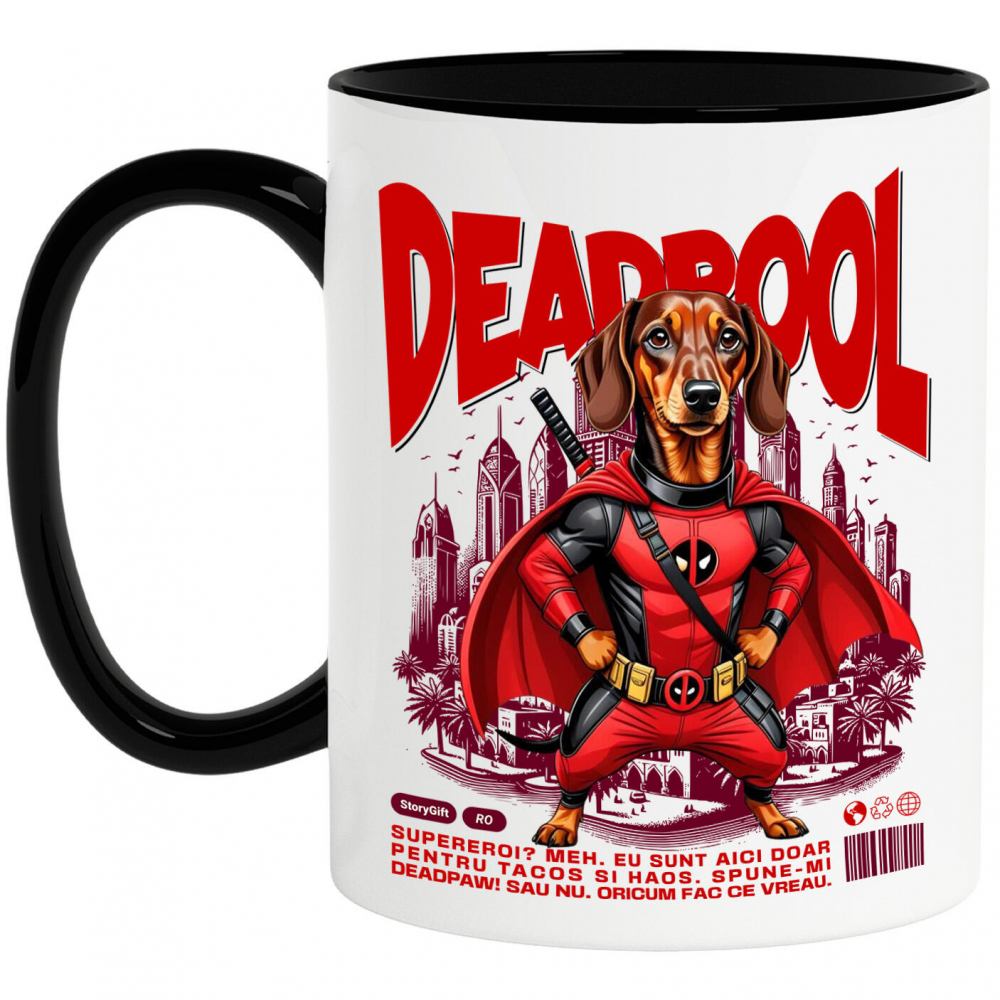 Cana Personalizata Teckel / Dachshund în Costum Deadpool - Cadou Personalizat pentru Copii și Familie [1]