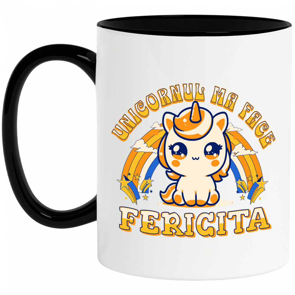 Cana Personalizata Unicorn Galben Colorat cu Curcubeu – „Unicornul Mă Face Fericită” | Cadou Personalizat [1]